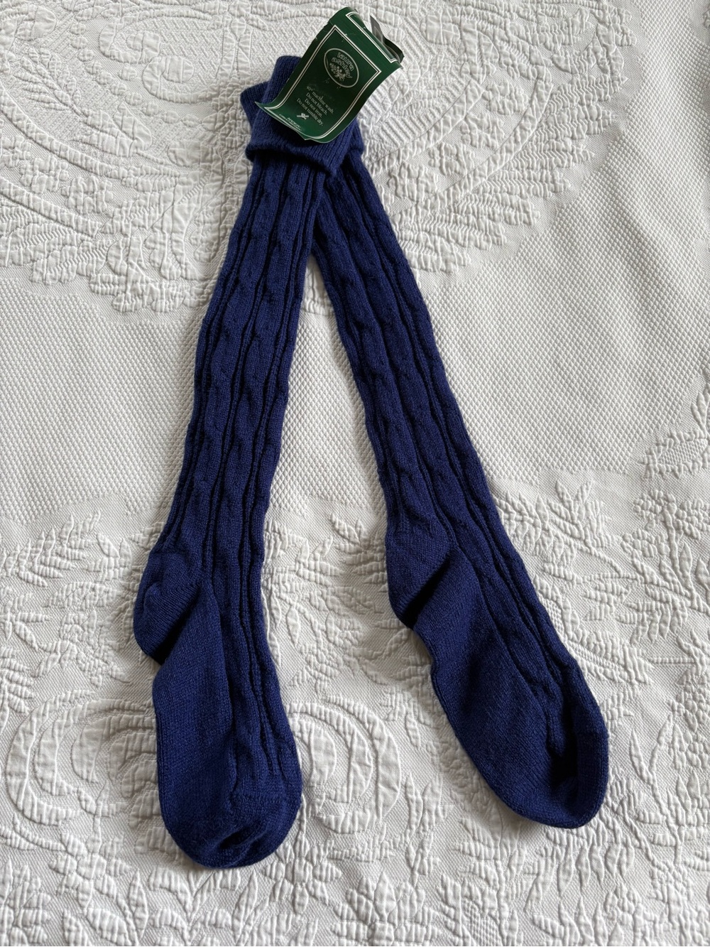 Vintage Laura Ashley wool knee high cable knit blue socks deadstock 5-7 shoe sz